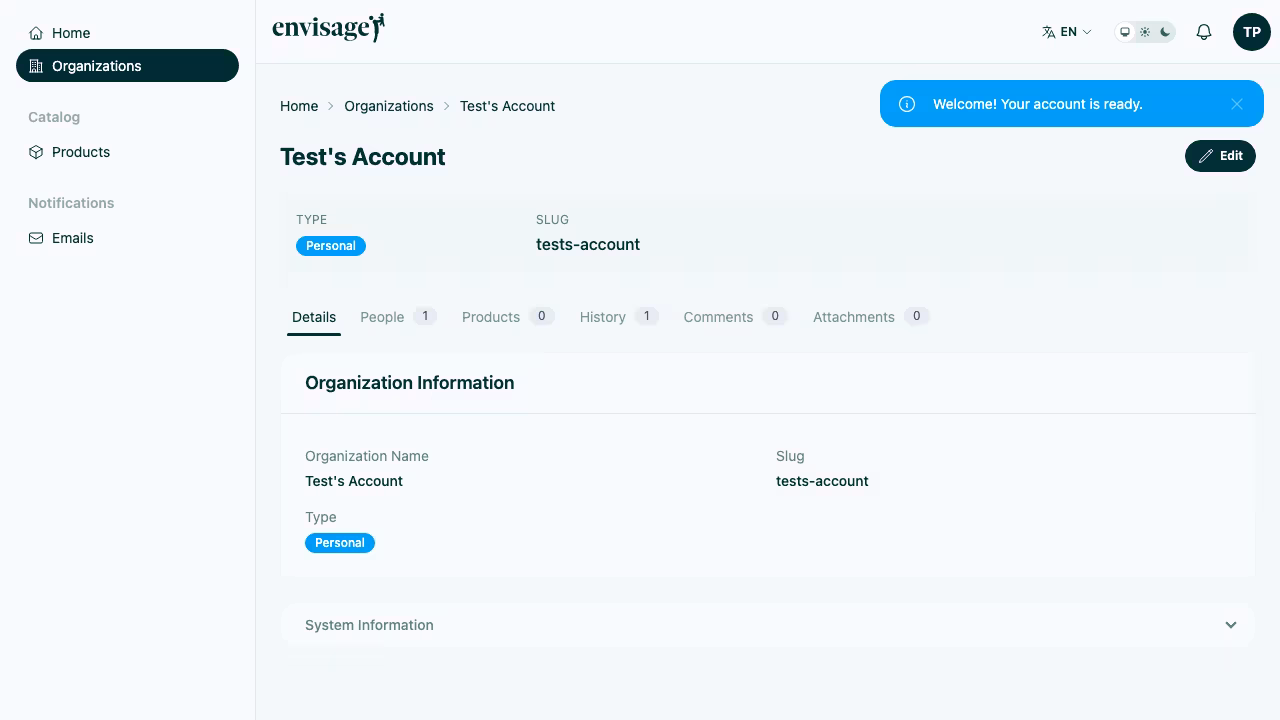 Organization detail page with sidebar navigation, tabs for people, products, history, comments, and attachments
