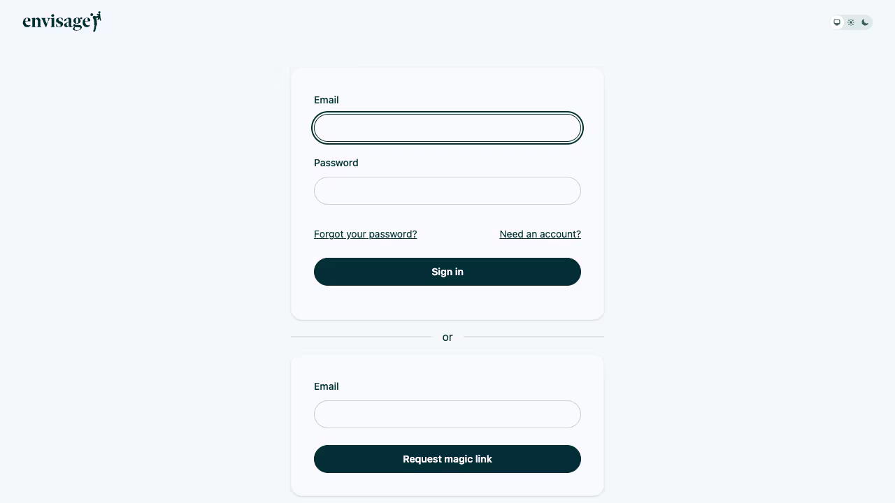 Sign-in page with Envisage branding, password and magic link authentication options
