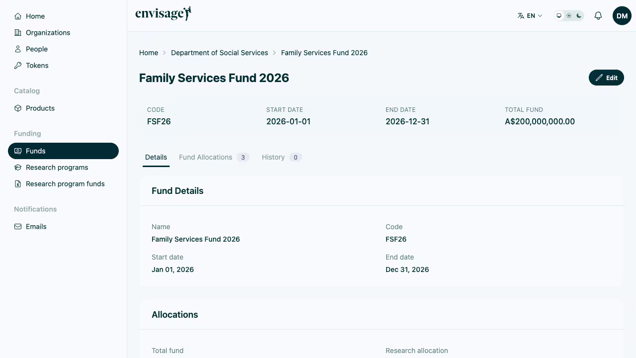 Fund detail page showing fund information, allocation tabs, and budget summary