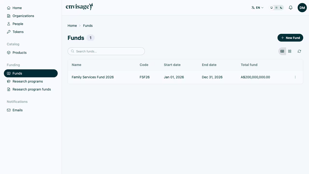 Funds list page showing Family Services Fund 2026 with code, dates, and total amount