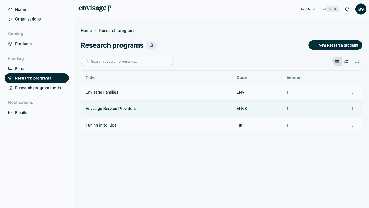 Programs list showing Envisage Families, Envisage Service Providers, and Tuning in to Kids