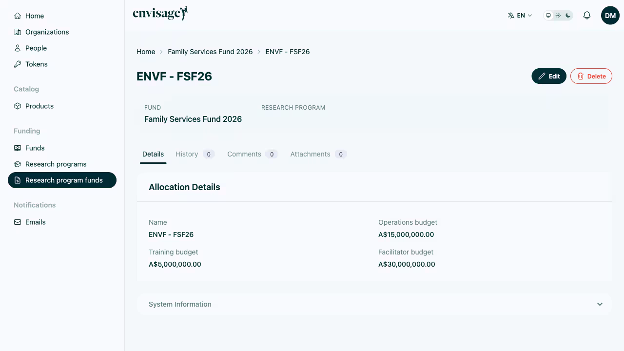 Allocation detail page showing fund, program, and budget breakdown