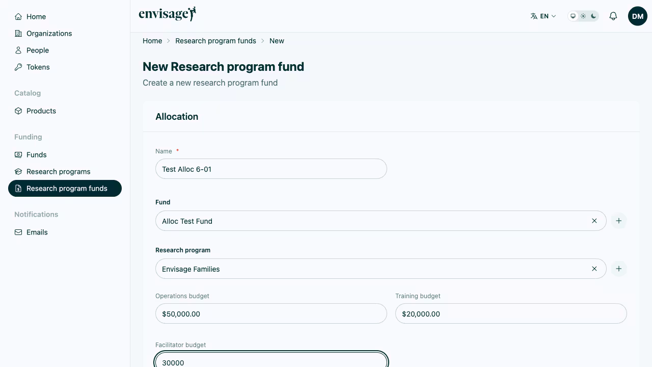 New allocation form with search lookup fields for fund and program