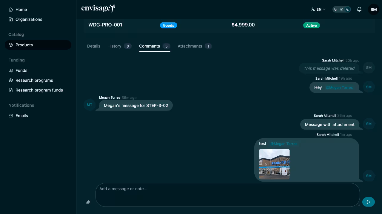 Comments tab showing messages with @mentions, image attachments, and dark mode theme