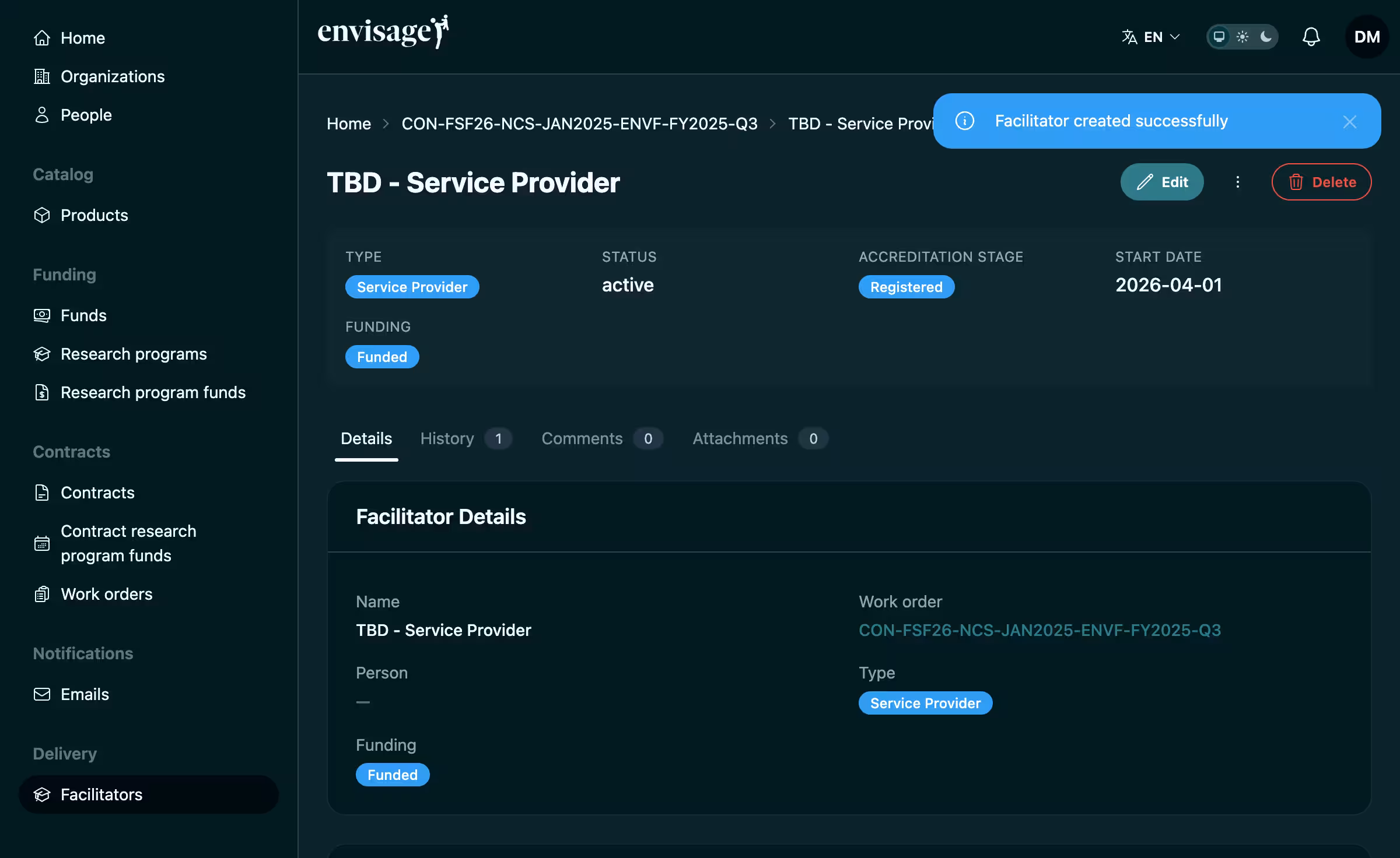 Facilitator detail page showing auto-generated name, accreditation stage, type, and work order assignment